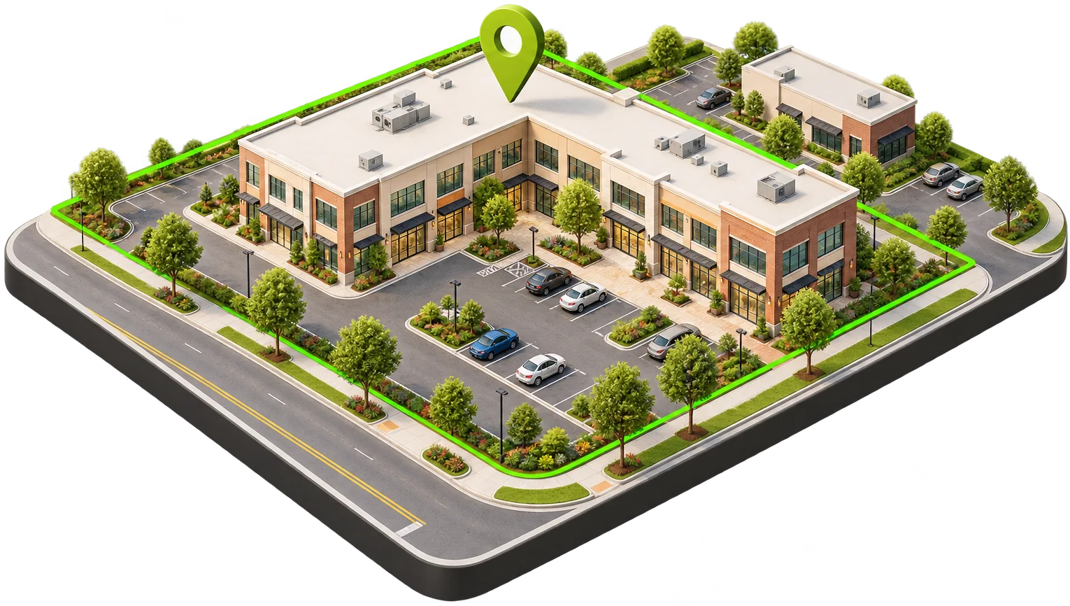 Concept illustration: a corner office and retail property matched by a saved search