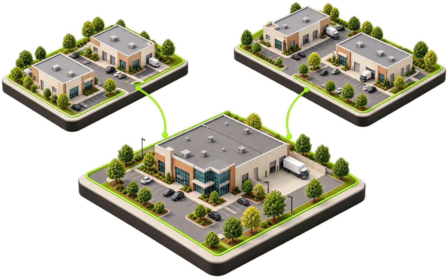Concept illustration: three linked properties held by one likely buyer