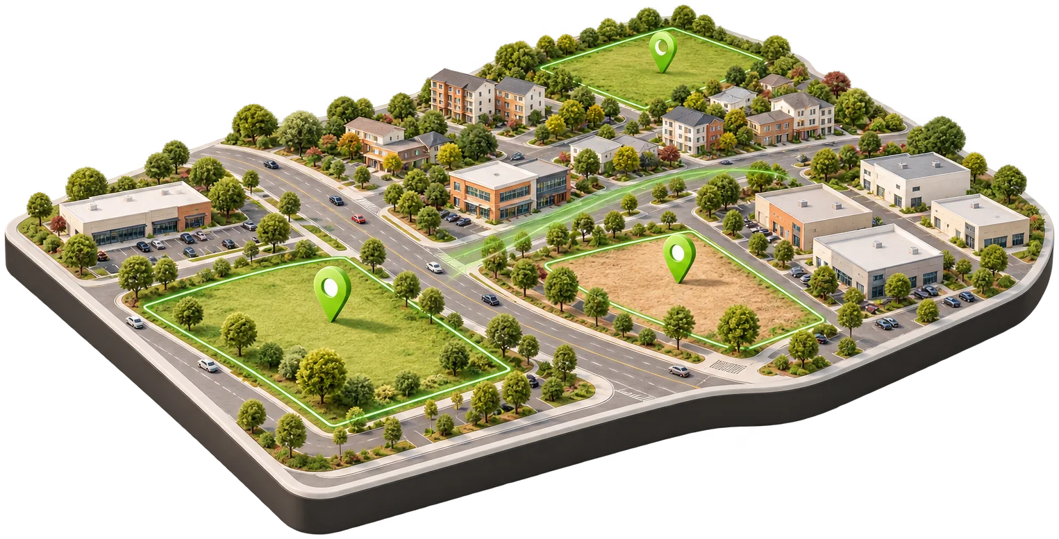 Concept illustration: a market with three sites pinned for review