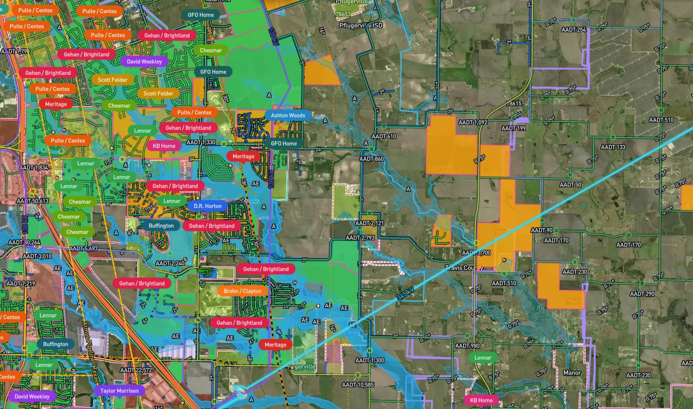 Parcyl map east of Pflugerville showing subdivisions labelled by builder, mapped flood zones, water lines, traffic counts, highlighted parcels and a 345 kV transmission line