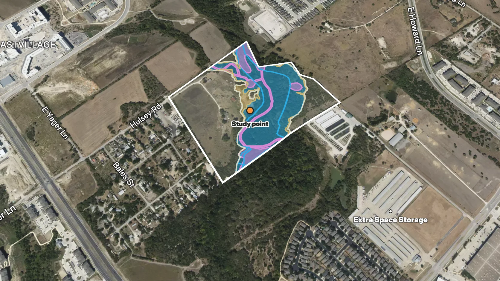 12401 Hulsey site map: subdivision-case boundary with mapped 1% and 0.2% annual-chance flood areas, NWI wetlands, and the study point